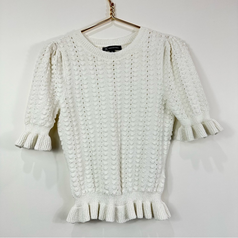 INC International Concepts White Popcorn stitch Ruffle sweater M